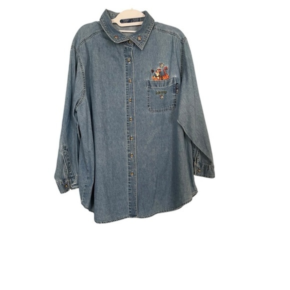 POOH DISNEY Blue Button Down Shirt with Woven Texture and Long Sleeves